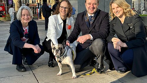 Alison Bennett with Fellow Lib Dem MPs and Bruce the rescued french bulldog