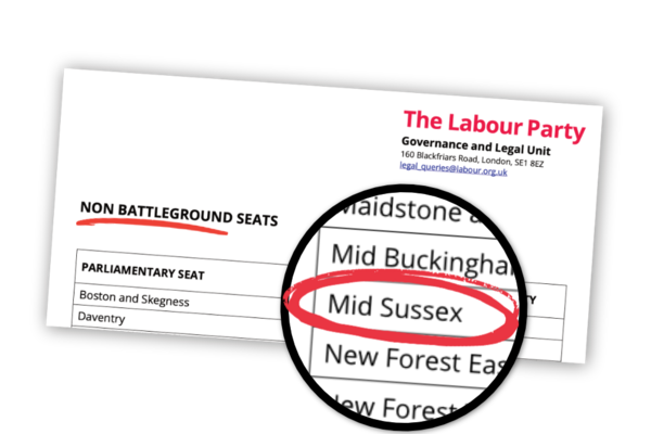 A document from Labour Party HQ showing 'non battleground seats'. Mid Sussex is on the list.