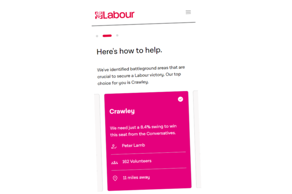 Screenshot of the Labour Party website instructing people to campaign in Crawley.